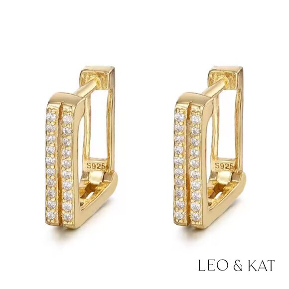 Gold Pave Square Huggie Earrings. 925 Sterling Silver. #1044